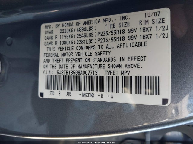2008 Acura Rdx მანქანა იყიდება აუქციონზე, vin: 5J8TB18598A007713, აუქციონის ნომერი: 45402431