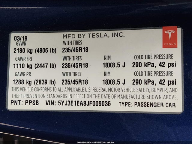 Продаж на аукціоні авто 2018 Tesla Model 3 Long Range/mid Range, vin: 5YJ3E1EA8JF009036, номер лоту: 45402434