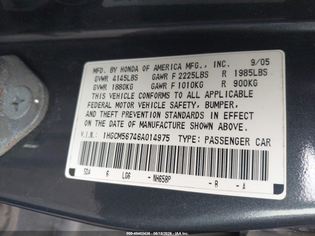 2006 Honda Accord 2.4 Ex მანქანა იყიდება აუქციონზე, vin: 1HGCM56746A014975, აუქციონის ნომერი: 45402436