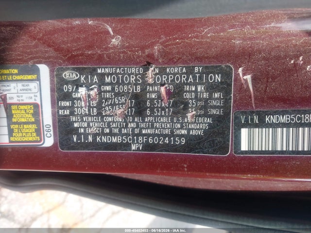2015 Kia Sedona Lx მანქანა იყიდება აუქციონზე, vin: KNDMB5C18F6024159, აუქციონის ნომერი: 45402453