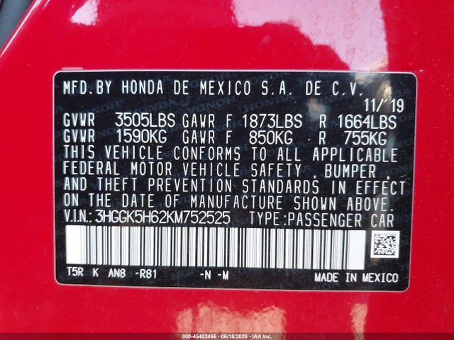 3HGGK5H62KM752525 Honda Fit Sport