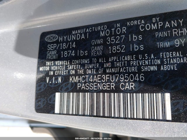 45402477 :رقم المزاد ، KMHCT4AE3FU795046 vin ، 2015 Hyundai Accent Gls مزاد بيع