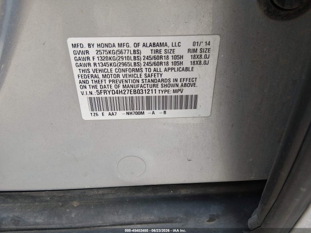 2014 Acura Mdx მანქანა იყიდება აუქციონზე, vin: 5FRYD4H27EB031211, აუქციონის ნომერი: 45402480