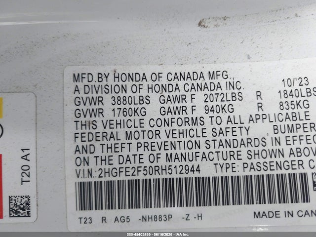 45402499 :رقم المزاد ، 2HGFE2F50RH512944 vin ، 2024 Honda Civic Sport مزاد بيع