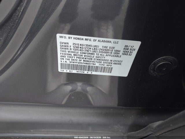 Honda Pilot Ex-l 2017 5FNYF5H57HB037784 Image 9
