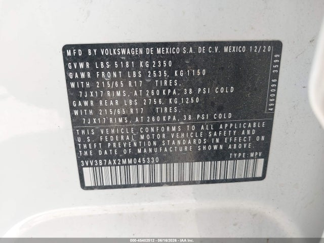 2021 Volkswagen Tiguan მანქანა იყიდება აუქციონზე, vin: 3VV3B7AX2MM045330, აუქციონის ნომერი: 45402512