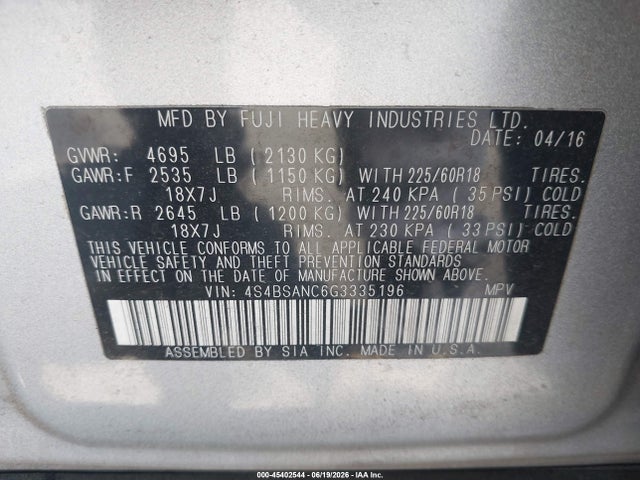 Subaru Outback 2.5i Limited 2016 4S4BSANC6G3335196 Image 9