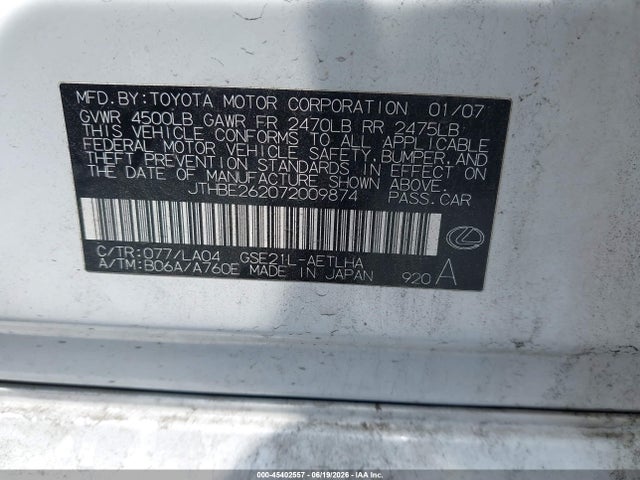 Aukcja sprzedaży 2007 Lexus Is 350, vin: JTHBE262072009874, numer aukcji: 45402557