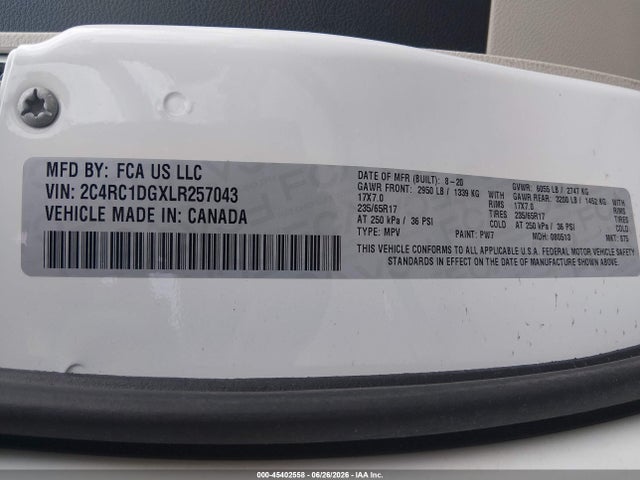 2020 Chrysler Voyager Lxi მანქანა იყიდება აუქციონზე, vin: 2C4RC1DGXLR257043, აუქციონის ნომერი: 45402558