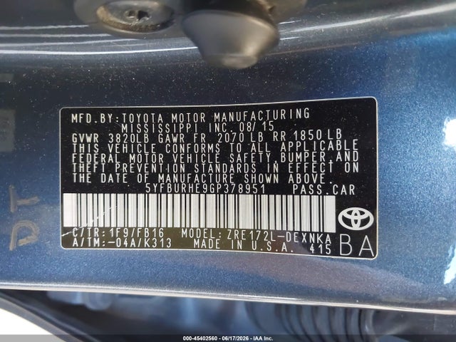Toyota COROLLA LE 2016 5YFBURHE9GP378951 Image 9