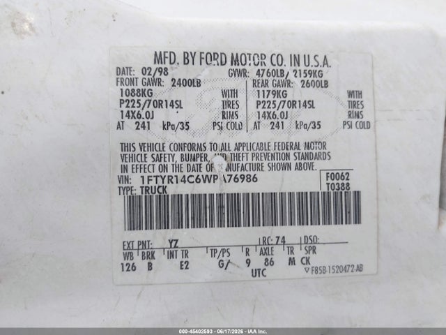 45402593 :رقم المزاد ، 1FTYR14C6WPA76986 vin ، 1998 Ford Ranger Xl/xlt مزاد بيع