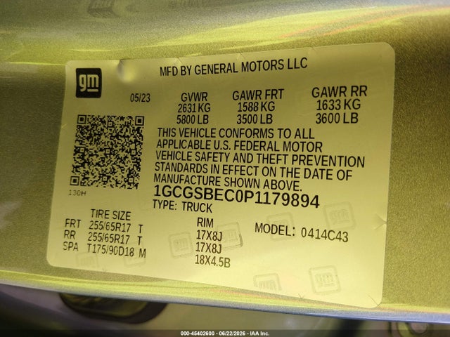 1GCGSBEC0P1179894 Chevrolet Colorado 2wd Short Box Wt