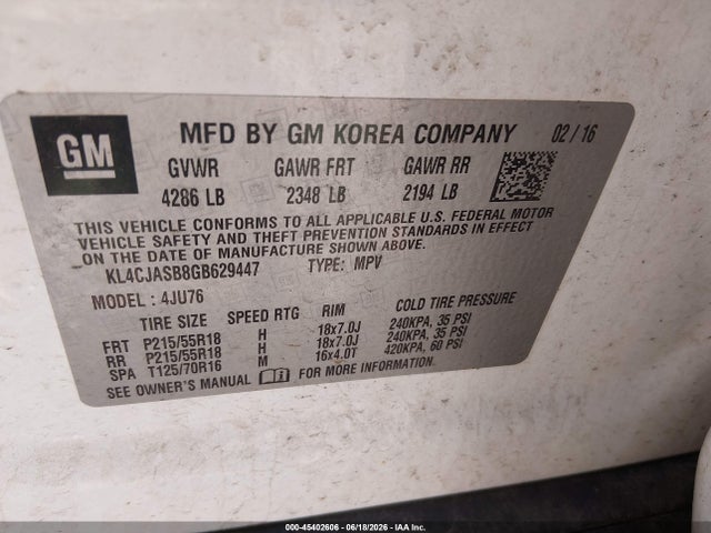 Aukcja sprzedaży 2016 Buick Encore, vin: KL4CJASB8GB629447, numer aukcji: 45402606