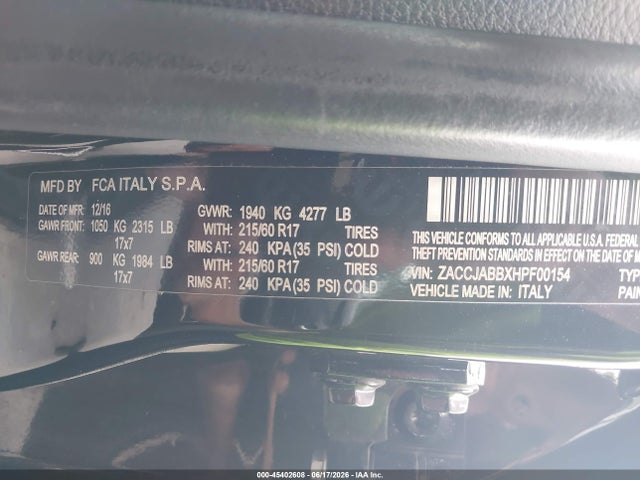 Продаж на аукціоні авто 2017 Jeep Renegade Latitude Fwd, vin: ZACCJABBXHPF00154, номер лоту: 45402608