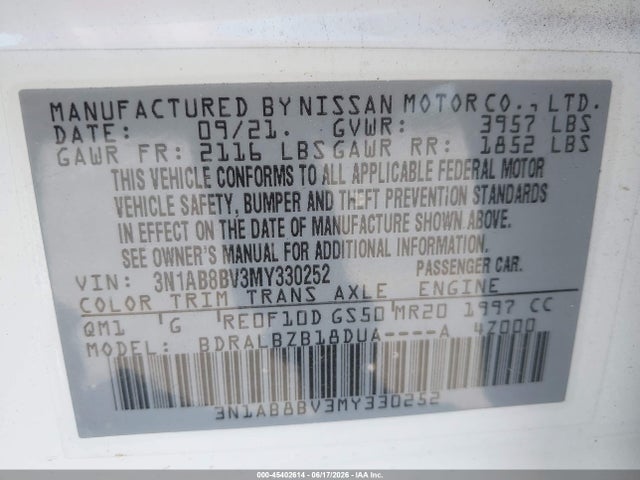 Продажа на аукционе авто 2021 Nissan Sentra S Xtronic Cvt, vin: 3N1AB8BV3MY330252, номер лота: 45402614