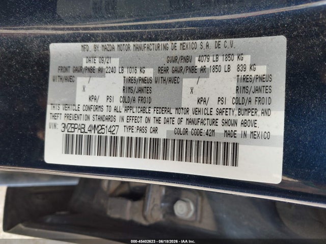 45402623 :رقم المزاد ، 3MZBPABL4MM251427 vin ، 2021 Mazda Mazda3 Select مزاد بيع