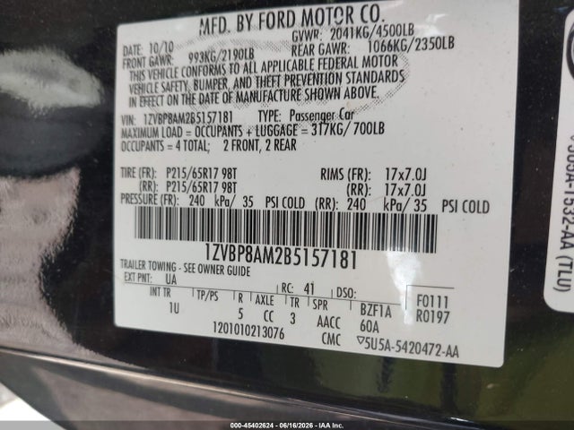 Aukcja sprzedaży 2011 Ford Mustang V6/v6 Premium, vin: 1ZVBP8AM2B5157181, numer aukcji: 45402624