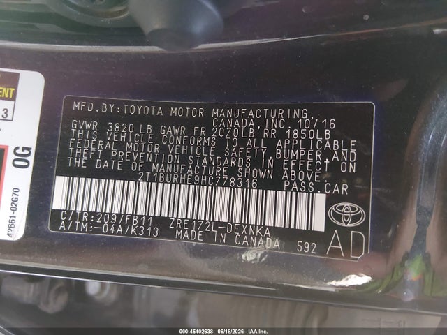 Toyota COROLLA LE 2017 2T1BURHE9HC778316 Image 9