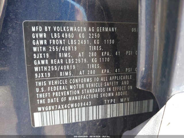 Продажа на аукционе авто 2012 Volkswagen Tiguan Sel, vin: WVGBV7AX4CW609443, номер лота: 45402649