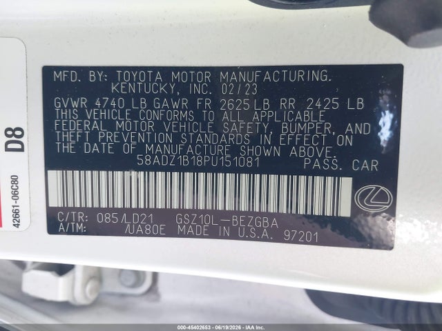 45402653 :رقم المزاد ، 58ADZ1B18PU151081 vin ، 2023 Lexus Es 350 مزاد بيع