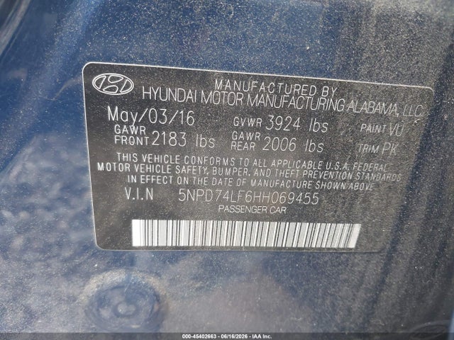 2017 Hyundai Elantra Se მანქანა იყიდება აუქციონზე, vin: 5NPD74LF6HH069455, აუქციონის ნომერი: 45402663