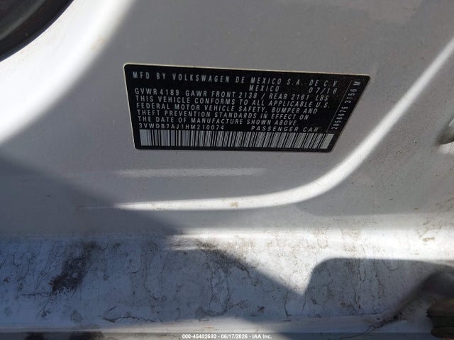 Продаж на аукціоні авто 2017 Volkswagen Jetta 1.4t Se, vin: 3VWDB7AJ1HM210074, номер лоту: 45402680