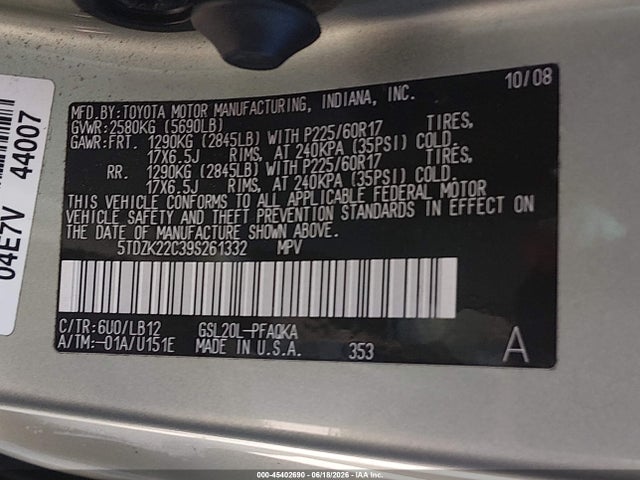 Продажа на аукционе авто 2009 Toyota Sienna Xle, vin: 5TDZK22C39S261332, номер лота: 45402690