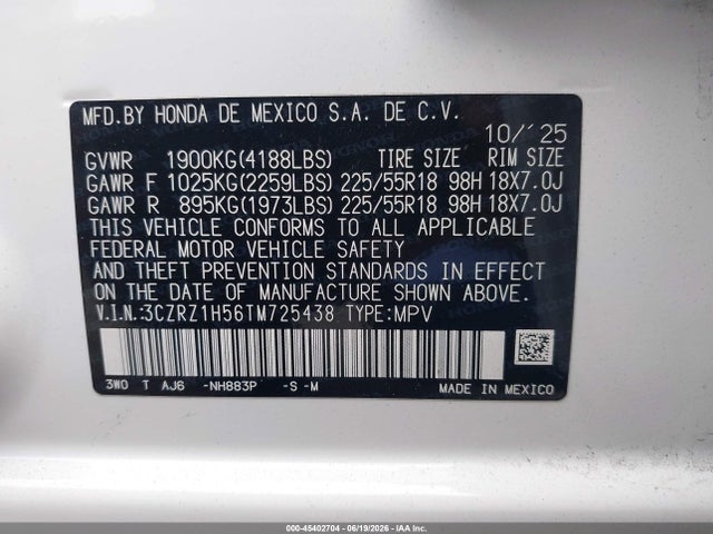 3CZRZ1H56TM725438 Honda Hr-v 2wd Sport
