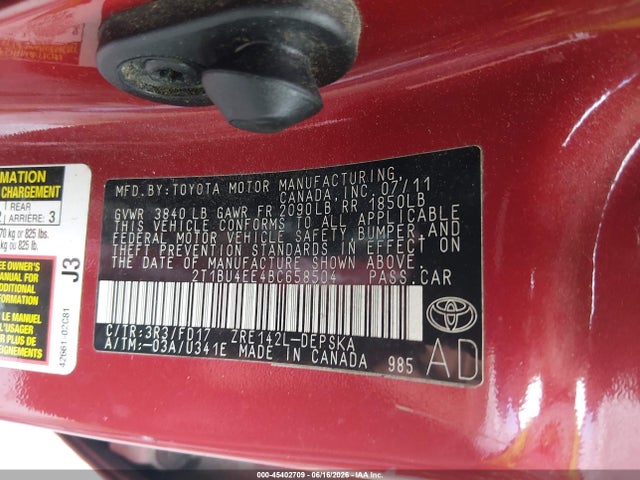 Aukcja sprzedaży 2011 Toyota Corolla S, vin: 2T1BU4EE4BC658504, numer aukcji: 45402709
