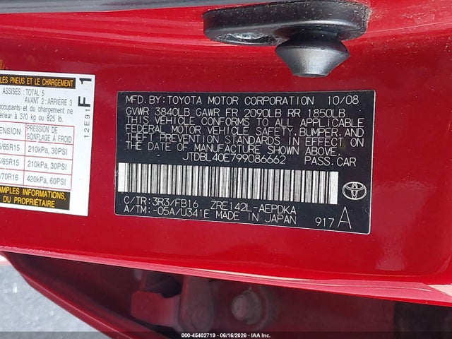 Продажа на аукционе авто 2009 Toyota Corolla Le, vin: JTDBL40E799086662, номер лота: 45402719
