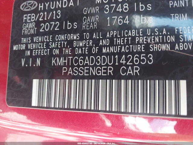 Aukcja sprzedaży 2013 Hyundai Veloster Base W/red, vin: KMHTC6AD3DU142653, numer aukcji: 45402730