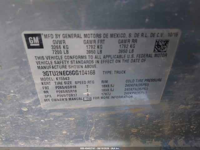 Aukcja sprzedaży 2016 Gmc Sierra 1500 Slt, vin: 3GTU2NEC6GG104168, numer aukcji: 45402741
