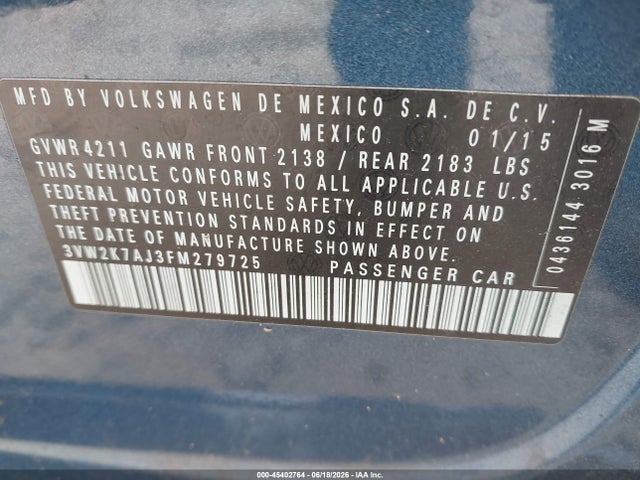 2015 Volkswagen Jetta 2.0l S მანქანა იყიდება აუქციონზე, vin: 3VW2K7AJ3FM279725, აუქციონის ნომერი: 45402764