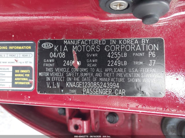 45402775 :رقم المزاد ، KNAGE123085243994 vin ، 2008 Kia Optima Ex مزاد بيع