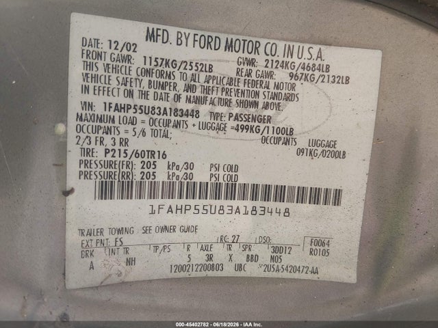 Aukcja sprzedaży 2003 Ford Taurus Ses, vin: 1FAHP55U83A183448, numer aukcji: 45402782