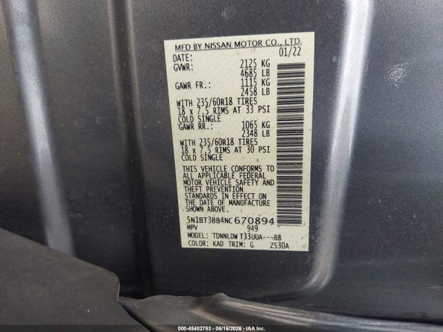 5N1BT3BB4NC670894 Nissan Rogue Sv Intelligent Awd