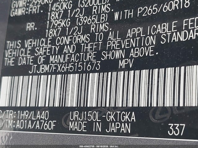Aukcja sprzedaży 2017 Lexus Gx 460, vin: JTJBM7FX6H5151673, numer aukcji: 45402789