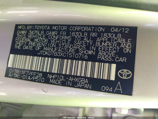 Aukcja sprzedaży 2012 Toyota Prius C Three, vin: JTDKDTB3XC1510716, numer aukcji: 45402828