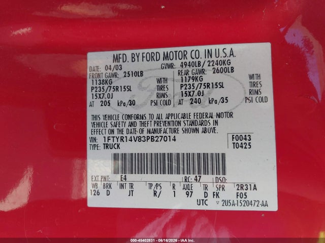 45402831 :رقم المزاد ، 1FTYR14V83PB27014 vin ، 2003 Ford Ranger Edge/tremor/xl/xlt مزاد بيع