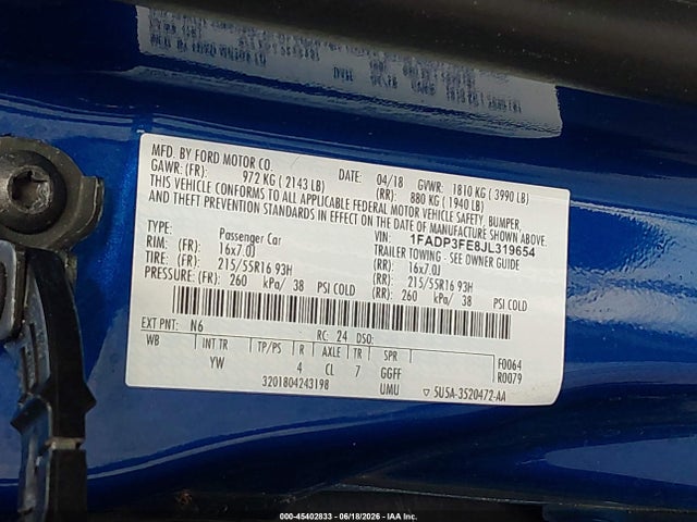 45402833 :رقم المزاد ، 1FADP3FE8JL319654 vin ، 2018 Ford Focus Se مزاد بيع