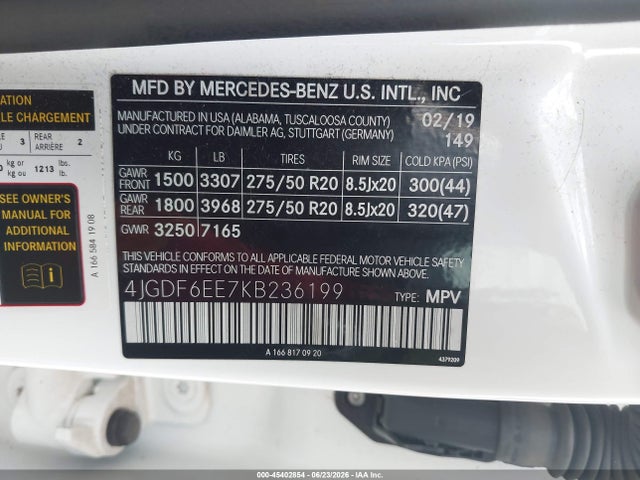 Aukcja sprzedaży 2019 Mercedes-benz Gls 450 4matic, vin: 4JGDF6EE7KB236199, numer aukcji: 45402854