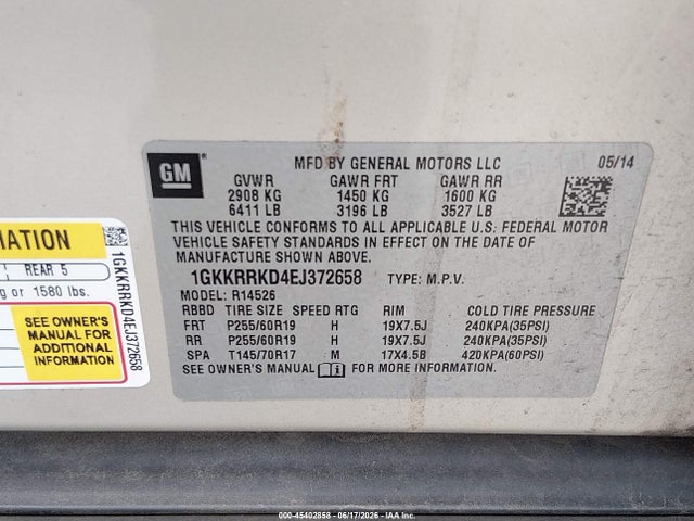 Продаж на аукціоні авто 2014 Gmc Acadia Slt-1, vin: 1GKKRRKD4EJ372658, номер лоту: 45402858