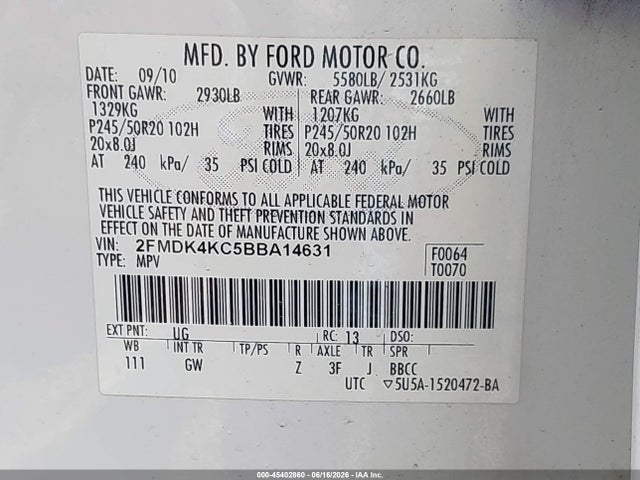 Aukcja sprzedaży 2011 Ford Edge Limited, vin: 2FMDK4KC5BBA14631, numer aukcji: 45402860