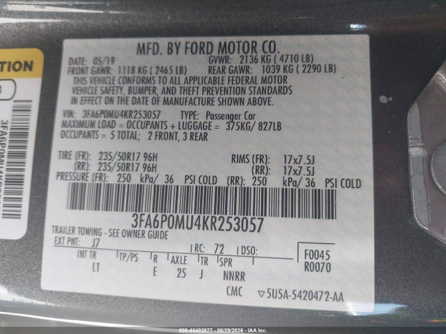Ford Fusion Hybrid Sel 2019 3FA6P0MU4KR253057 Image 9