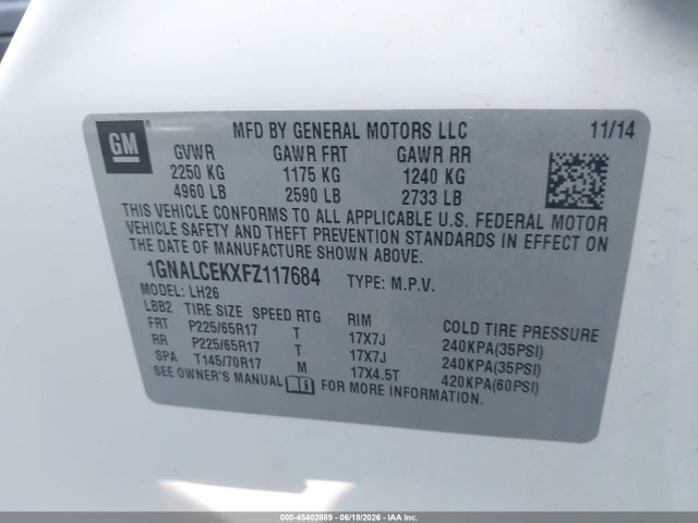Chevrolet EQUINOX LT 2015 1GNALCEKXFZ117684 Image 9