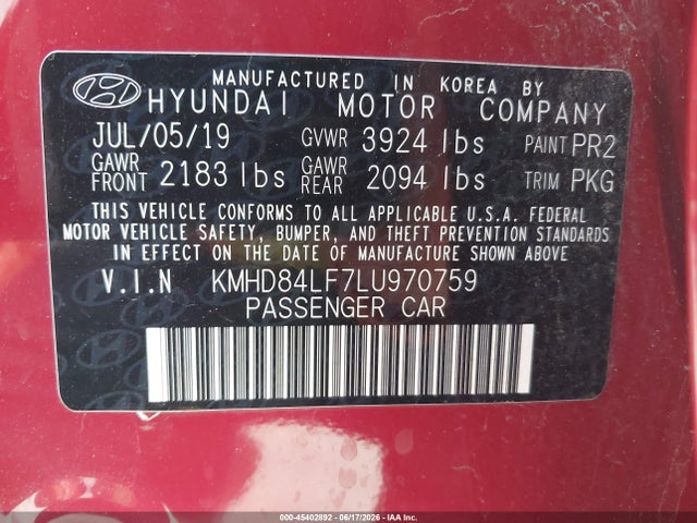 Hyundai ELANTRA SEL 2020 KMHD84LF7LU970759 Image 9