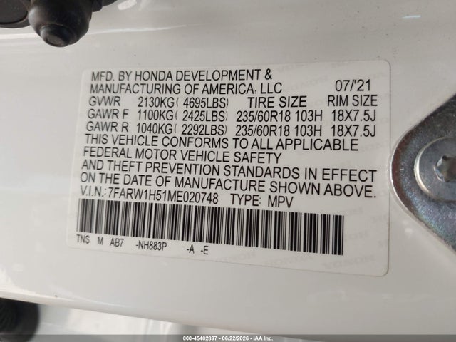 Honda Cr-v 2wd Ex 2021 7FARW1H51ME020748 Image 9