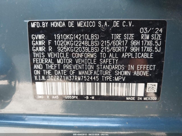 3CZRZ1H37RM752445 Honda Hr-v 2wd Lx