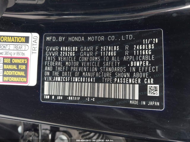 Продажа на аукционе авто 2021 Honda Clarity Plug-in Hybrid, vin: JHMZC5F1XMC001641, номер лота: 45402913