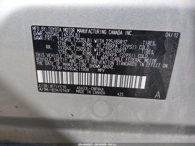 Aukcja sprzedaży 2012 Toyota Rav4, vin: 2T3BF4DV8CW211998, numer aukcji: 45402917